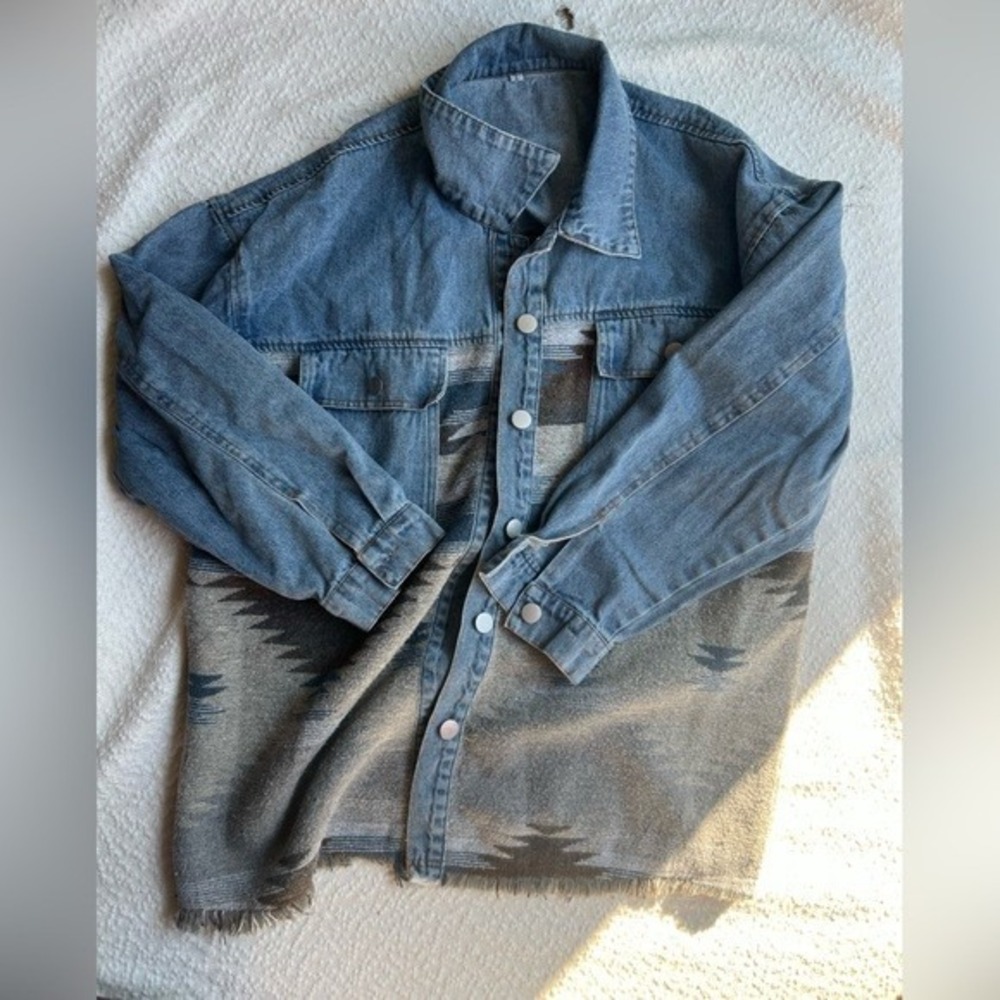 Vintage Southwestern Mixed Media Denim Jacket - Large - Woven Tapestry